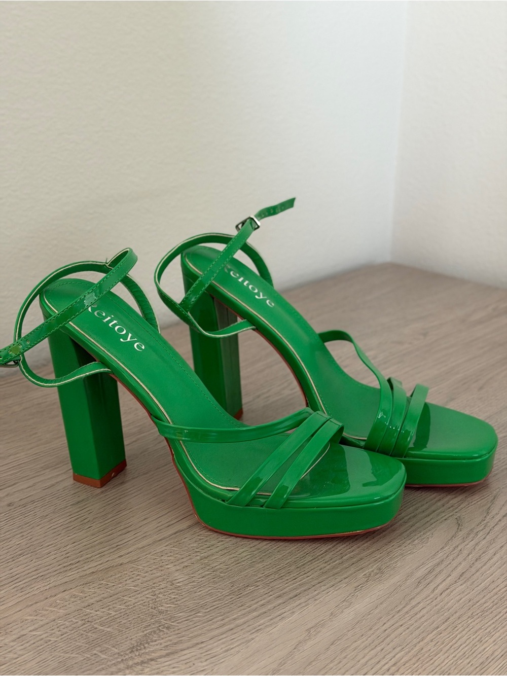 Green Patent Platform Heels with Block Heel